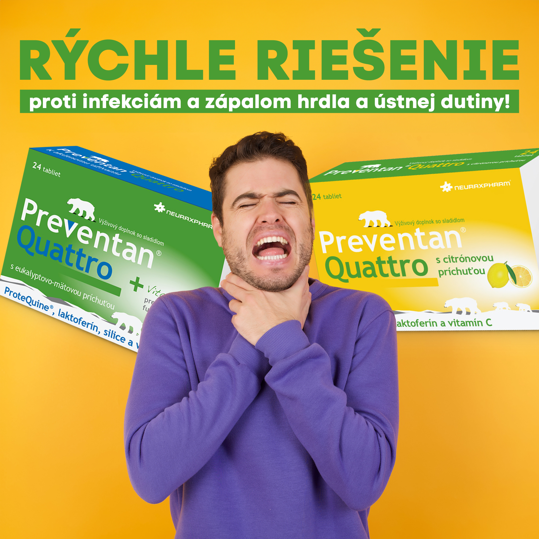 Preventan® Quattro – pomoc pri infekciách a zápaloch hrdla a ústnej dutiny